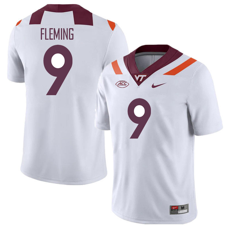 Men #9 Cameren Fleming Virginia Tech Hokies College Football Jerseys Stitched Sale-White - Click Image to Close